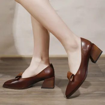 

Women Leather Pumps Brand High Heels Shoes Pointed Toe For Women Pumps Spring Handmade Genuine Leather Women Lazy Shoes Slip On