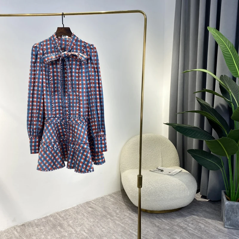 Fall Clothes Women 2021 Autumn Frilled Ruffles Bow Tie Long Sleeve Blue Red Plaid Loose Mini Checkered Dress | Женская одежда