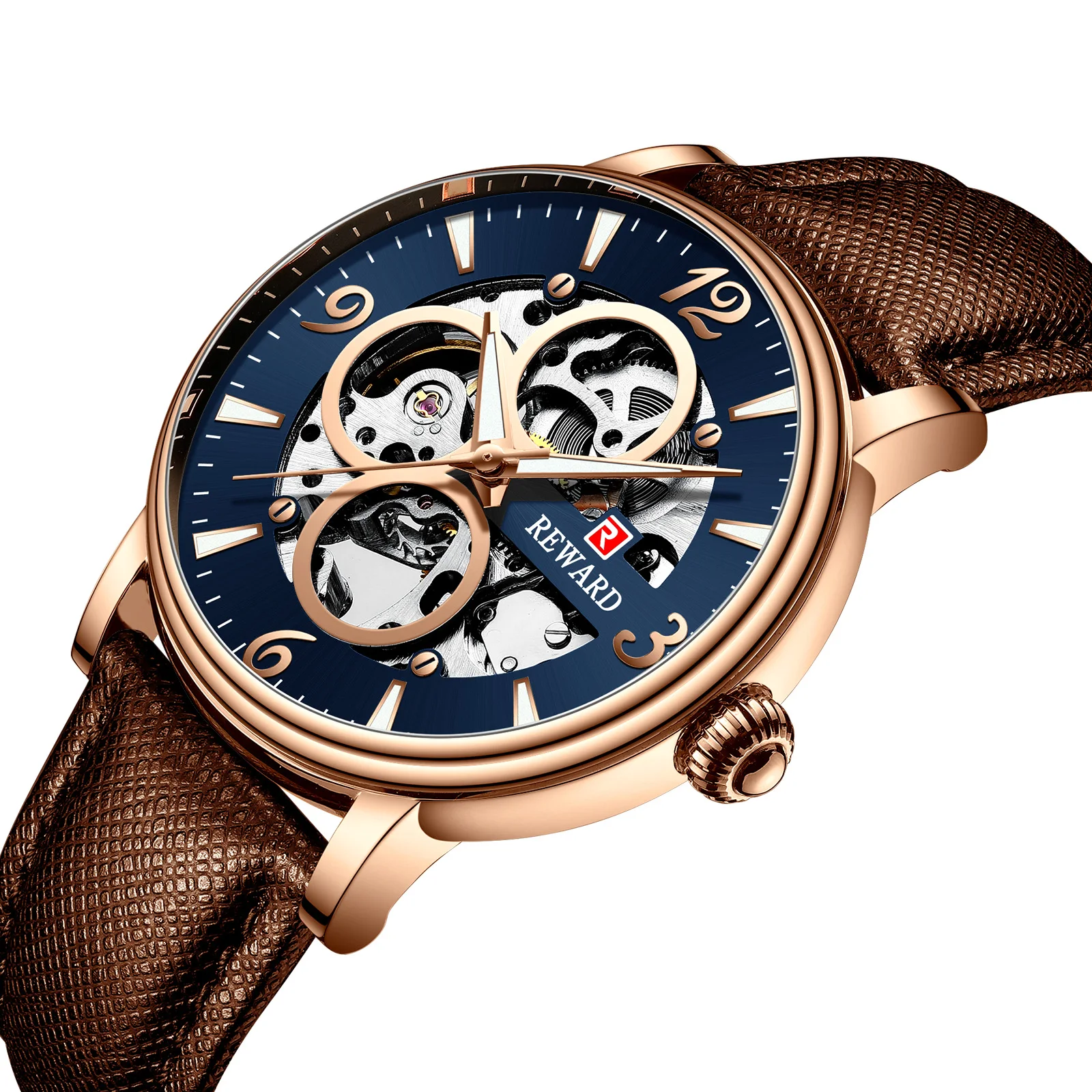 

Reward business leather strap men's mechanical watch waterproof hollow through the bottom automatic mechanical men watch male