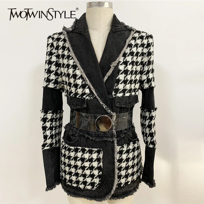 

TWOTWINSTYLE Plaid Hit Color Patchwork Denim Blazer For Women Notched Long Sleeve Tassel Pocket Female Suit Autumn New 2019