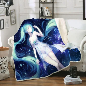

Hatsune Miku Funny Character Blanket 3D Print Sherpa Blanket on Bed Home Textiles Dreamlike Style 04