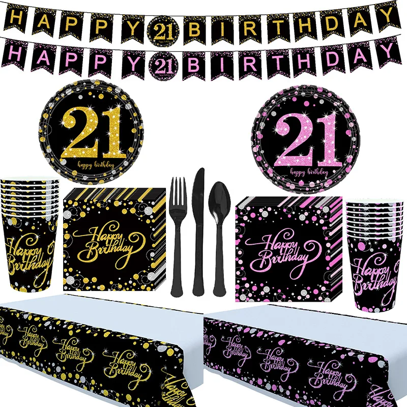 Forks Serves 25 Napkins Plates Spoon Cups and Knives Kompanion 177 Piece 21st Happy Birthday Party Set Including Banner Tablecloth 