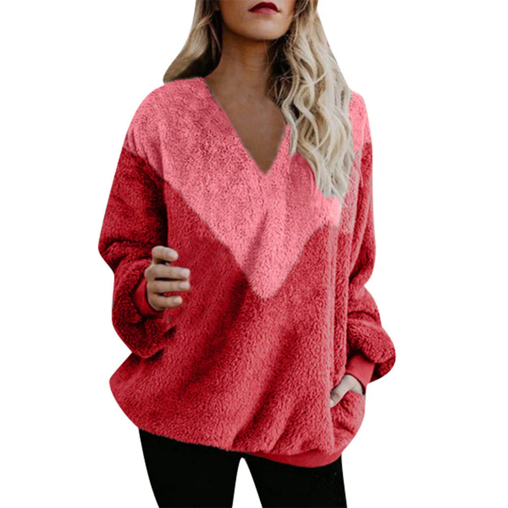 V-neck red Осень шерпа флисовый свитер Пушистый Тонкий флисовый пуловер две версии v-образным вырезом o-образным вырезом многоцветная уличная одежда свитера - Цвет: V-neck red