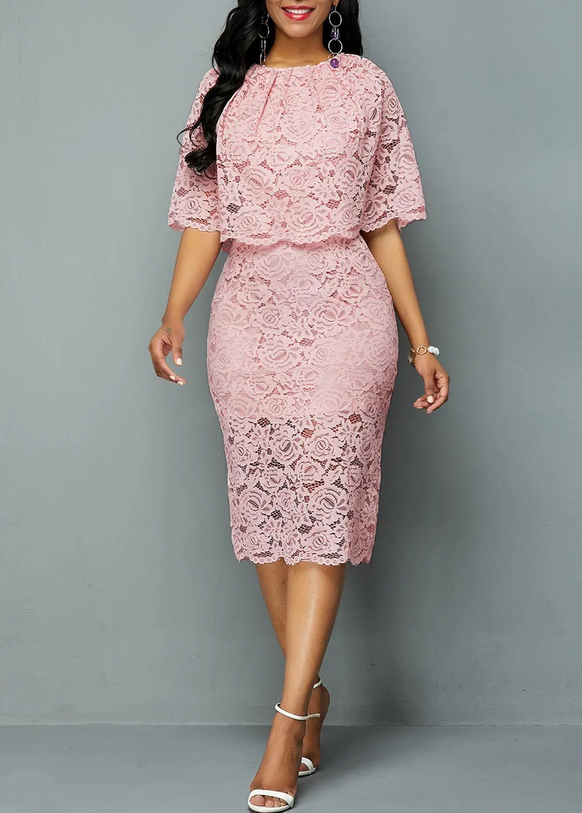 Платье большого размера с круглым вырезом, кружевное платье с вырезом, женское элегантное платье с пятиконечными рукавами, тонкие вечерние платья большого размера, женское платье, Vestidos 5xl - Цвет: Розовый