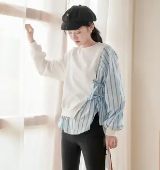 

2019 Autumn Winter Pullover O-neck Women Sweatshirt Patchwork Knitted Cotton and Stripe Side Bowknots Hoodies Top