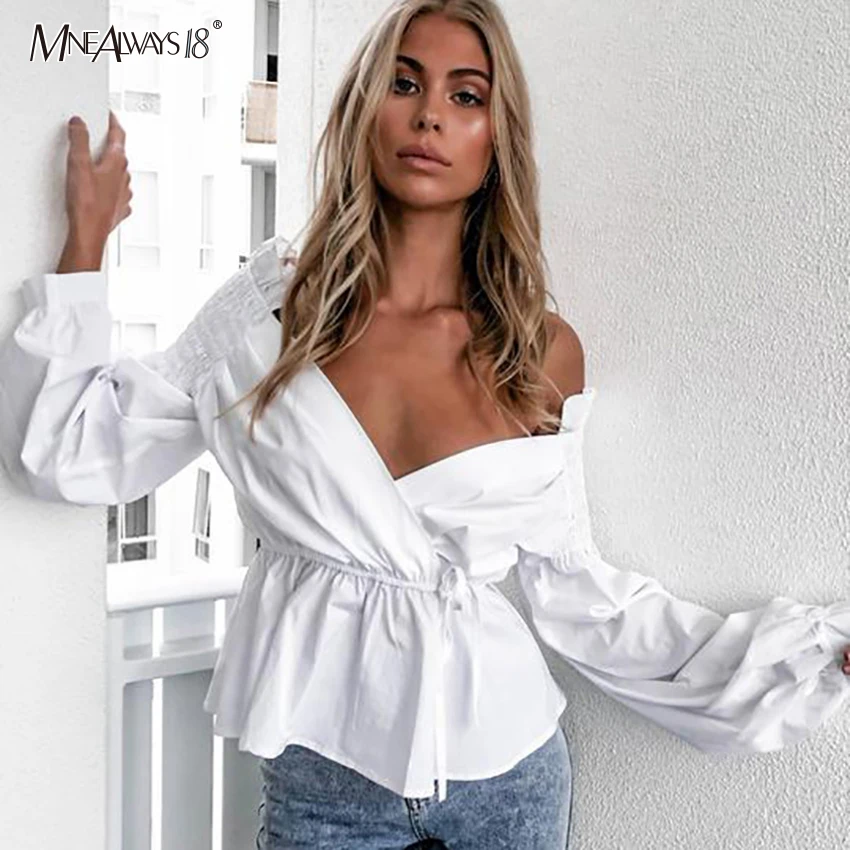 Mnealways18 белый топ с v-образным вырезом и баской осенняя Сексуальная туника поясом