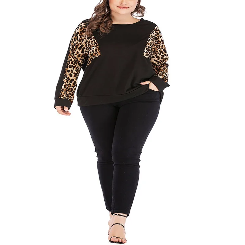 Autumn T-shirt women's large size 5XL- XL9 bust 138CM sweater round neck pullover shirt leopard long-sleeved stitching