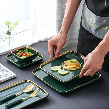 

Luxury Nordic Emerald Ceramic Dining Plate Creative Breakfast Tableware Square Salad Western Plate Soup Bowl Porcelain Dish