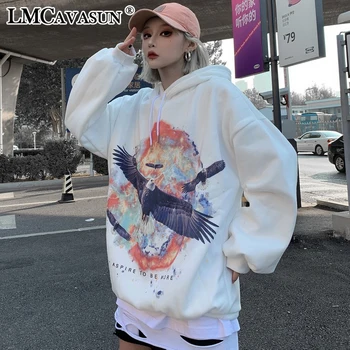 

LMCAVASUN Plus velvet thickening Sweatshirt Hooded winter Harajuku Retro Cartoon pullover Men and women tops