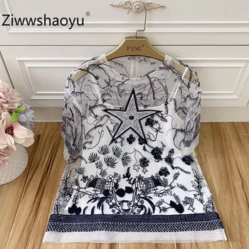 

Ziwwshaoyu Fashion Tarot Totem Embroidery Beaded Short Sleeve Mesh Transparent Sexy T Shirts Tees Tops Women's Summer