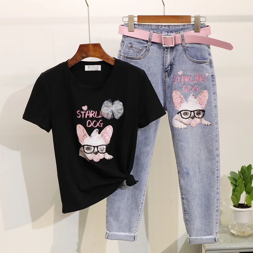 

Summer Women Beading Sequins Cartoon Print T-shirt + High Waist Denim Pants Set Loose Cotton Tee Jeans Femme Two Piece Outfits