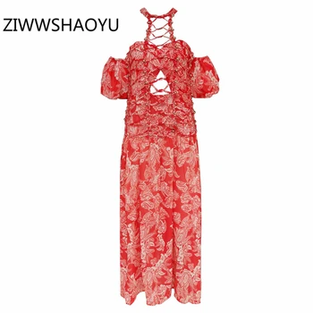 

ZIWWSHAOYU Women Summer Hollow Out Backless Sexy Maxi Long Dress Runway Designer Ladies Halter Collar Print Vintage Dresses