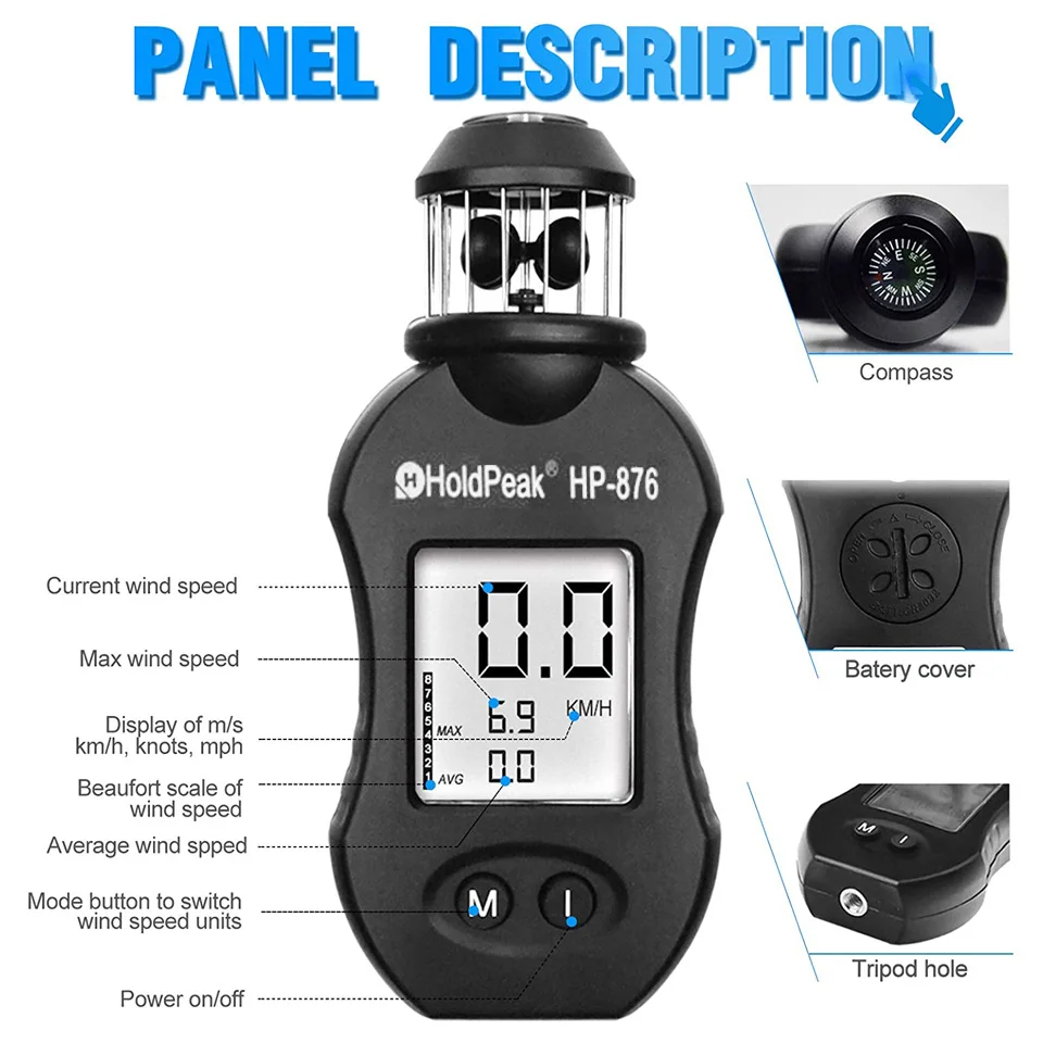 최신 휴대용 풍속계, HP-876 디지털 풍속계, HVAC 환기구, 보트 항해, 사격용 풍량 측정