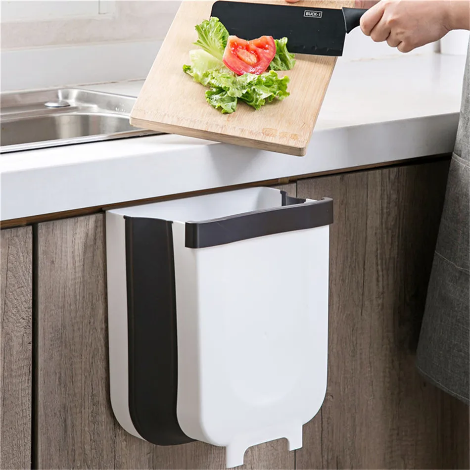 Kitchen Cabinet Door Hanging Trash Garbage Bin Can Folding Waste Bins Kitchen Hanging Collapsible Dry Wet Separation Trash Can