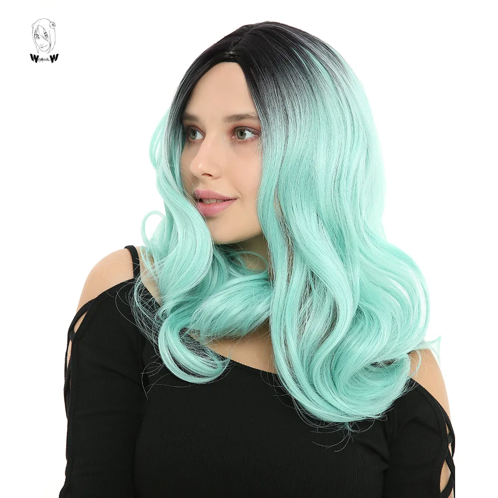 

WHIMSICAL W Medium Long Curly Black Pink Color Wigs Natural Ombre Mixed Purple Heat Resistant Hair Synthetic Wig for Women