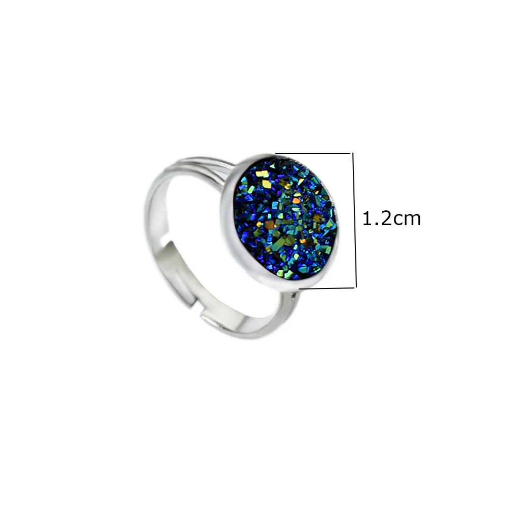 2PCS Wedding Round Jewelry Sets Non Pierced Blue Druzy Resin Stone Ear Clip Earrings For Women Adjustable Open Finger Ring Set