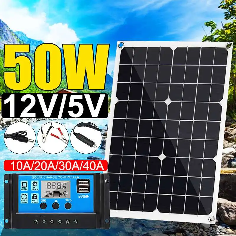 Caliente 50W panel solar 12 V/5 V doble USB + 10/20/30/40A Dual USB del regulador del Panel Solar c