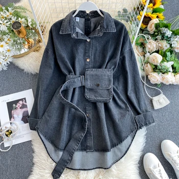 

Denim shirt jacket design with bare back, lace-up waist, slimming and stylish two-piece Hong Kong style jacket