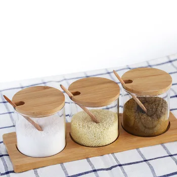 

3 In 1 Glass Herb Spice Tool Cruet Glass Salt Sugar Tea Dry Goods Storage Tank with Wooden Spoon Kitchen Utensils Spice