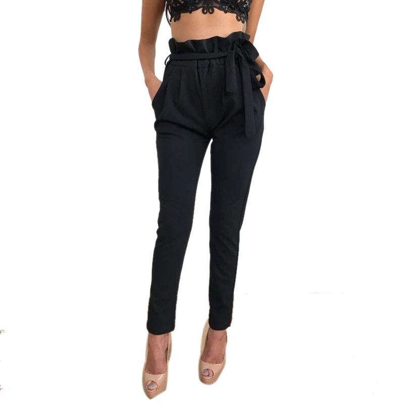 

Women Waist Pants with Sashes Pockets 2020 New Casual Ankle Length Office Ladies Pencil Pant Slim Black White Plus Size Trousers