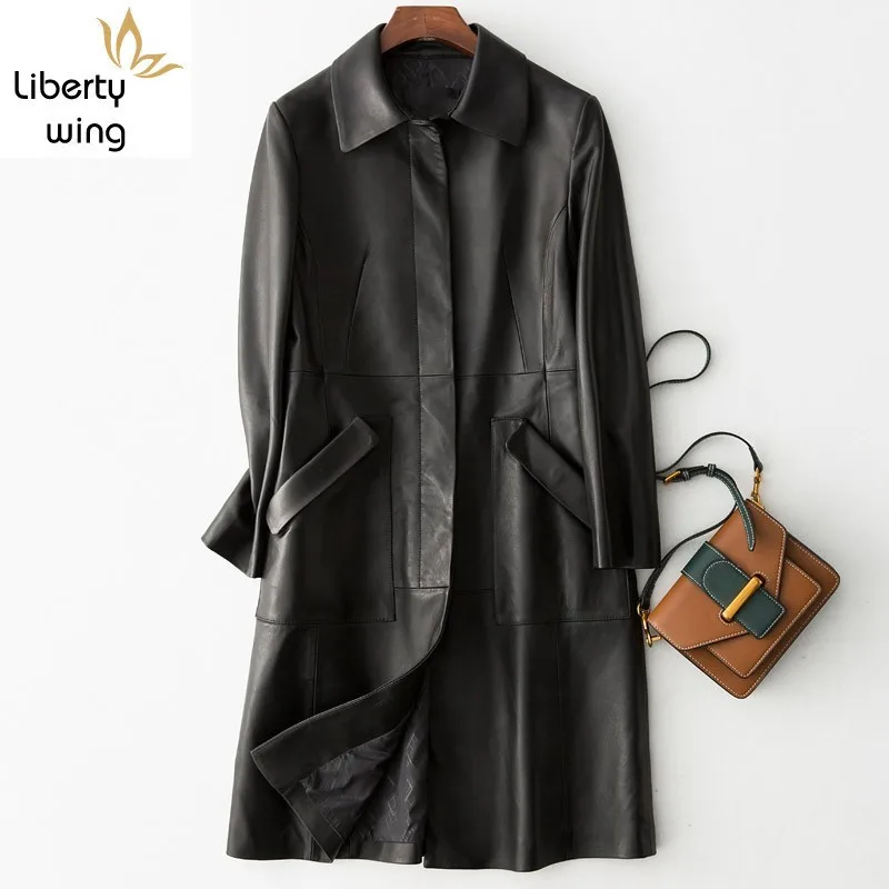 100% натуральная кожа длинная куртка женская дизайнерская приталенная ветровка из