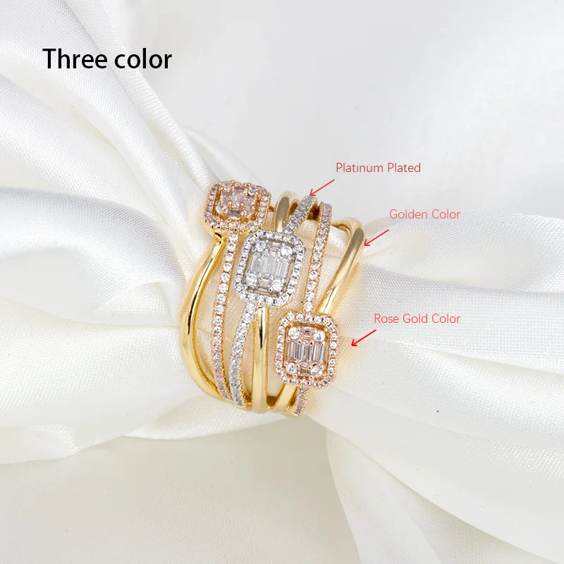 Three color Мода для невесты, креативный крест, скрученная линия, вспышка, микро-инкрустация, ТРАПЕЦИЕВИДНОЕ кольцо с цирконием, женское блестящее свадебное украшение для вечеринки - Цвет основного камня: Three color