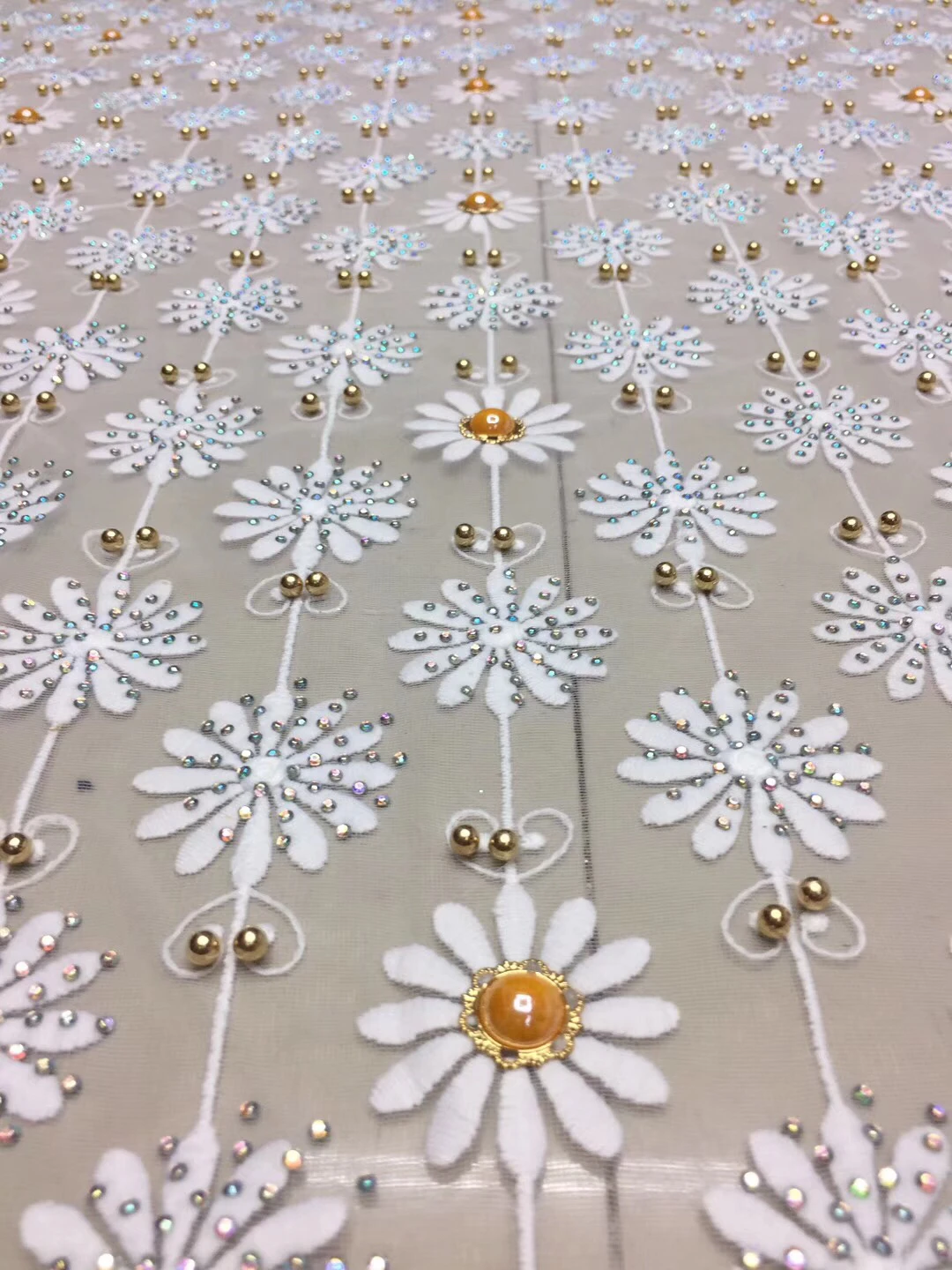 

White French Lace Fabric With Beads And Stones Mesh Tulle High Quality Nigerian Lace Fabrics For Wedding 2018 5yard/lot D23921