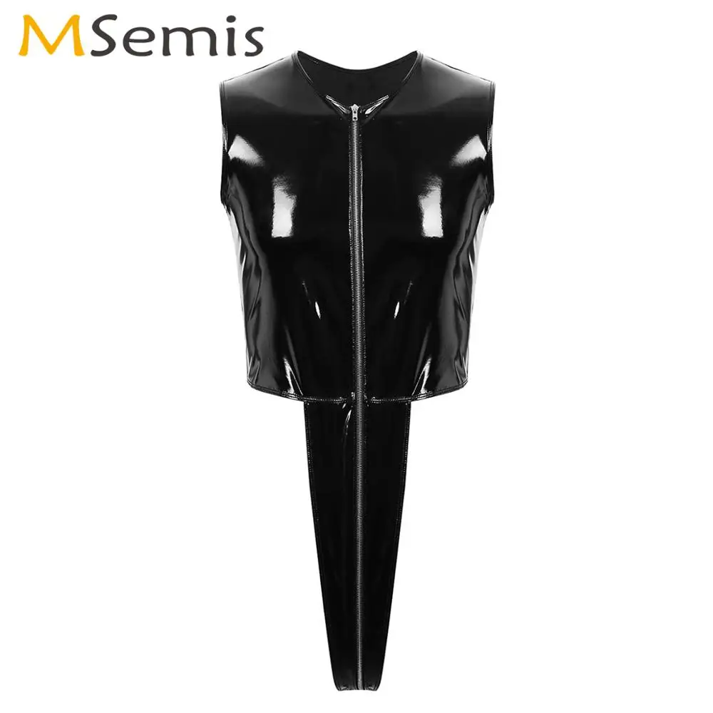 Men One Piece Patent Leather Bodysuit Sexy High Cut Thong Leotard Sissy Erotic Wetlook Zipper Open Crotch Latex Catsuit Clubwear |