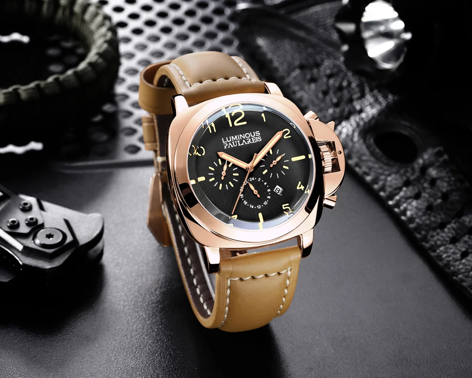 Automatic Self Wind Mechanical Genuine Brown Leather Strap Multifunction Date Month Yellow Green Luminous Rose Gold Men Watch