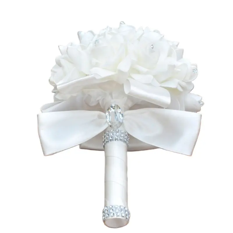 Корейский стиль Свадебный искусственный букет невесты цветок ПЭ Пена розы с искусственным кристаллом ленты со стразами для вечерние декор с церковью - Цвет: White