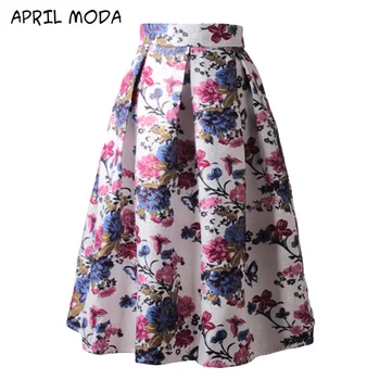 

2020 Knee Length Casual Skirt Runway Summer Spring Vintage Floral Printed Ball Gown Pleated Midi Women Skirt Saias For Women