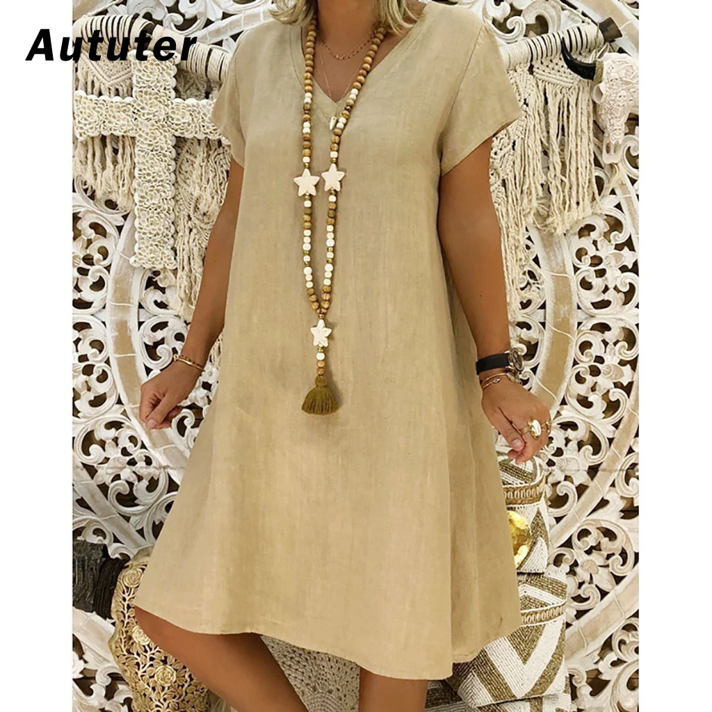 2020 Женская летняя футболка в стиле бохо хлопчатобумажное льняное платье