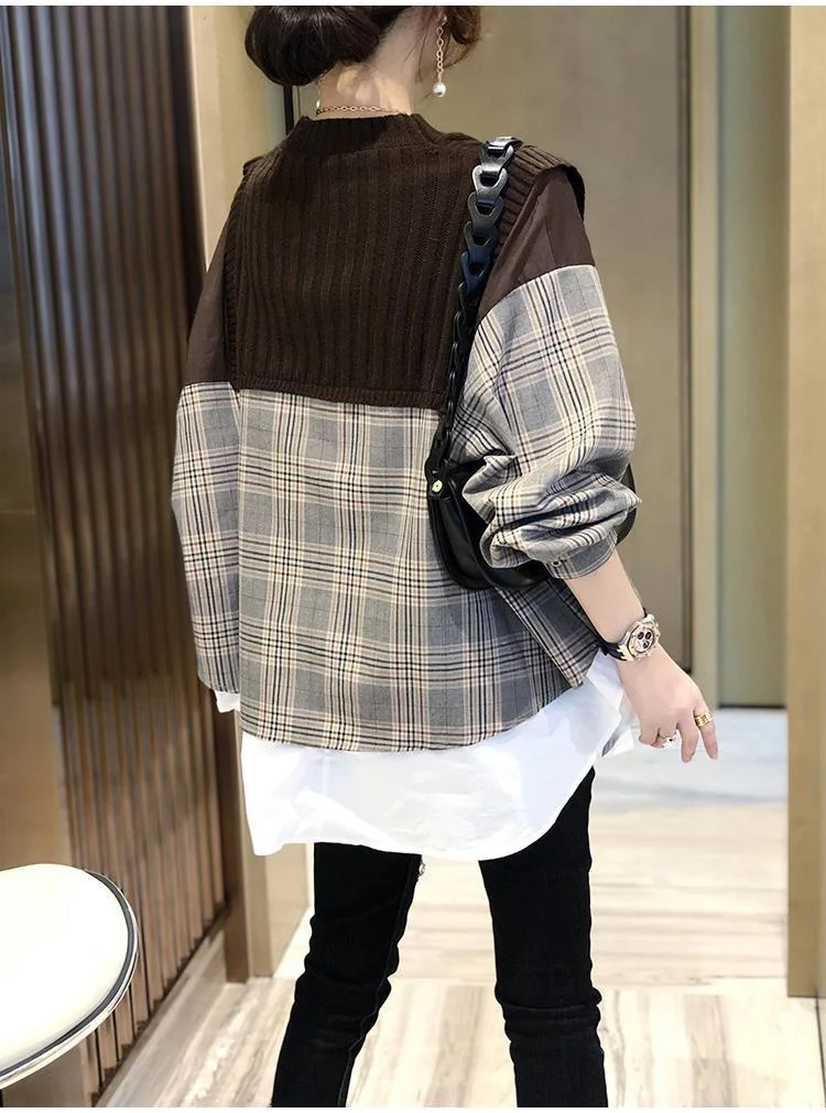 H45d0a76a24ae43828025d2830d87a9fan - Spring / Autumn O-Neck Long Sleeves Patchwork Knitted Plaid Buttons Blouse