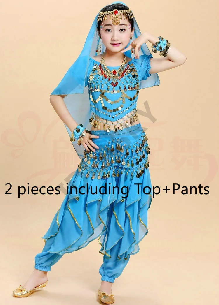 Sky blue 2pcs Арабский танец живота с блестками, профессиональный костюм для танца живота, детские костюмы, Детский костюм, комплект для взрослых и детей, топ, штаны - Цвет: Sky blue 2pcs