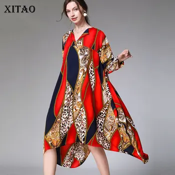 

XITAO Tide Plus Size Print Dress Women Clothes 2020 Fashion New V Neck Full Sleeve Cover Belly Elegant Dress Casual DMY2936