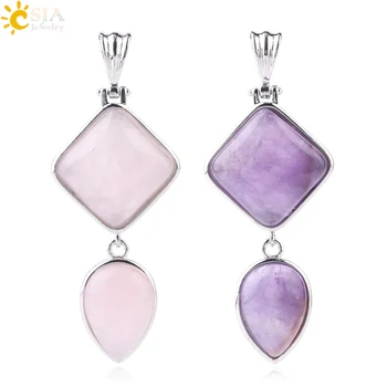 

CSJA Natural Stones Pendant Crystal Square Water Drop Quartz Lapis Lazuli Geometric Pendants for Necklaces Women Jewelry F814