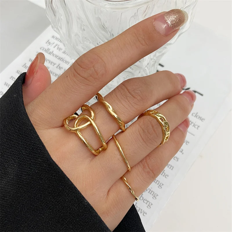 Metal Bead Punk Ring Set Sliver Gold Color Hip Pop For Women Vintage Spiral Multilayer ringChunky Knuckle Joint Jewelry Gift
