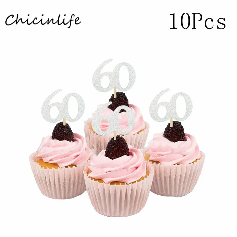 Chicinlife 10 шт. 30 40 50 60 украшения для кексов 30 40 50 60 лет День рождения украшения свадебные Юбилей Декор кекса - Цвет: silver 60