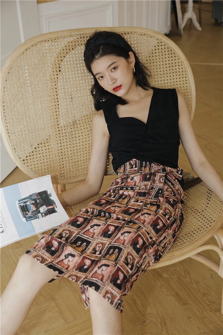 CHEERART Vintage Chiffon Skirts Womens Print High Waist Beach Wrap Skirt Lace Up Ladies Bohemian Skirt Straight Knee Length