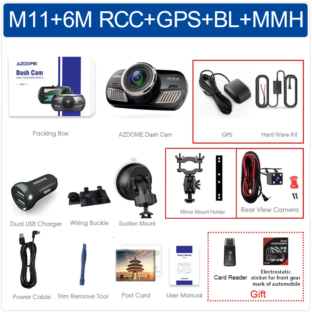 AZDOME M11 Dash Cam 3 дюймов 2.5D ips экран Full HD1080P Автомобильная камера DVR двойной объектив ночного видения 24H монитор парковки Dashcam gps - Название цвета: M11RCC-GPS-BL-MMH