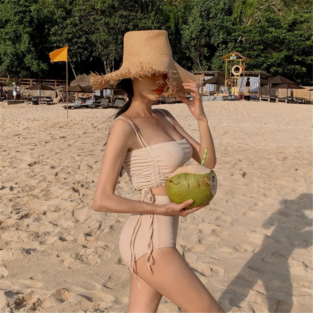 Sexy Bandage Bikini Women Solid Swimwear High Waist Biquini Push Up Swimsuit Crop Top Bikinis Pleated Bathing Suit Pad Beachwear