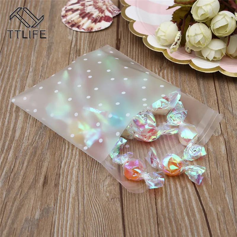 Bolsas de celofán transparentes de plástico, bolsa de regalo de galletas de caramelo de lunares con bolsa autoadhesiva DIY, bolsas de celofán para fiesta, 100 Uds. - Imagen 4
