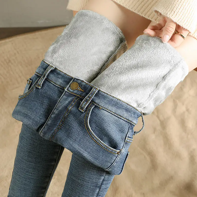 6666 Blue Jeans Джинсы с высокой талией для женщин плюс бархат деним карандаш брюки осень зима теплые джинсы для женщин в стиле бойфренд брюки черные джинсы для мам Q2119 - Цвет: 6666 Blue Jeans
