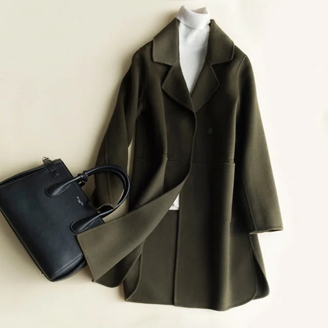 Army green Осенне-зимнее шерстяное пальто с двойными бортами, женская верхняя одежда, куртка, длинный рукав, отложной воротник, модное женское шерстяные пальто G807 - Color: Army green