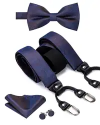 BD-3034 Hi-Tie Шелковый Взрослый мужской подтяжки галстук бабочка набор кожаный металлический 6 зажимы подтяжек модные синие эластичные