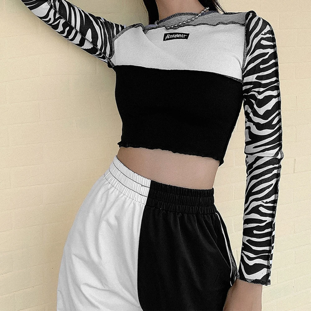 

E-Girl Y2k Tops Tshirts Zebra Print Patchwork Long-Sleeves Gothic Vintage Harajuku Aesthetic Crop-Tops Streetwear Autumn Clothes