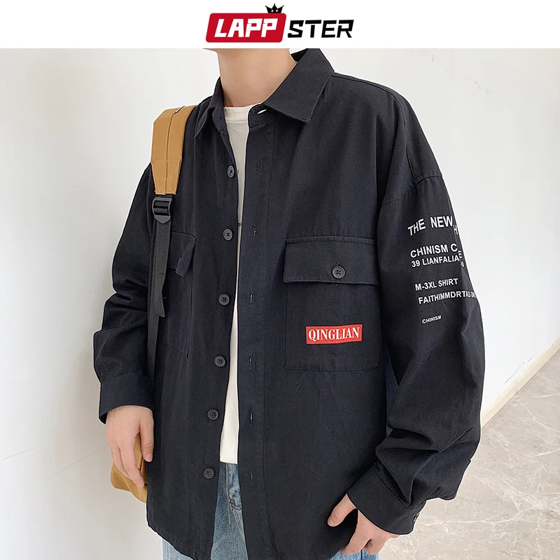LAPPSTER Men Streetwear Harajuku Cargo Shirts 2020 Hip Hop Men Button Up Shirt Long Sleeve Couple Black Vintage Fall Shirts LAPPSTER Men Streetwear Harajuku Cargo Shirts 2020 Hip Hop Men Button Up Shirt Long Sleeve Couple Black Vintage Fall Shirts