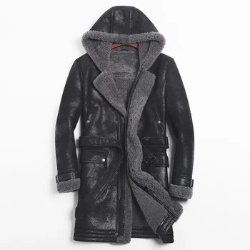 

Leather Jacket Men Sheep Shearling Real Fur Coat Hooded Winter Jacket Windbreaker for Mens Clothing Jaqueta De Couro 754 YY709