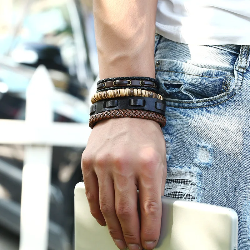 

AIDEVER Fashion Simple Vintage Men Handmade Jewelry Bracelet Punk Hippie Coconut Shell Beads Genuine Leather Charm Cuff Bangle