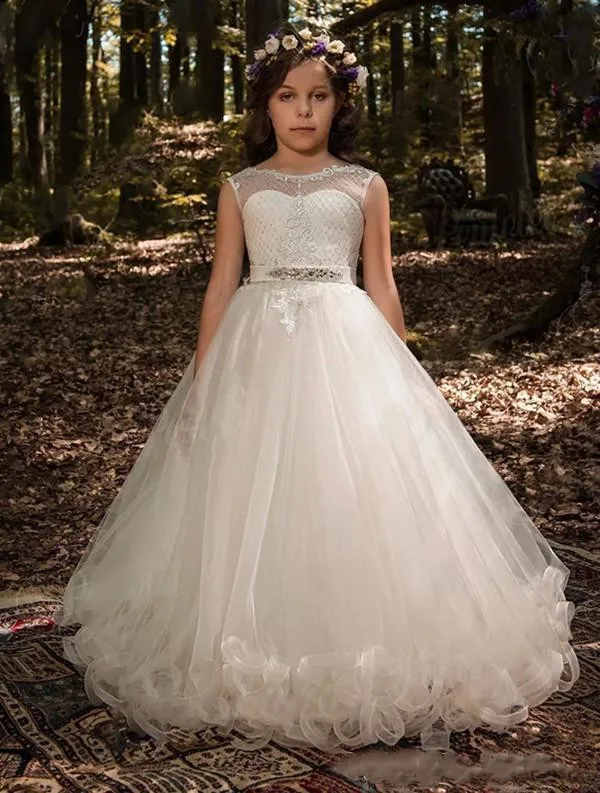 

Ball Gown Ivory Flower Girl Dresses for Wedding Lace Tulle Sheer Neck Girl's First Communion Dress Corset Back